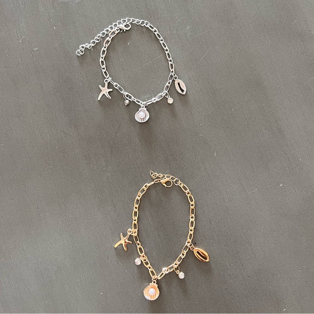 Gold Seashell Shell & White Pearl Rhinestone Starfish Paper Clip Chain Bracelet - Picture 3 of 3